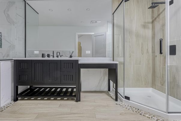 Bathroom, Glass Shower, Interior, Recessed Lighting, Wood Texture Flooring