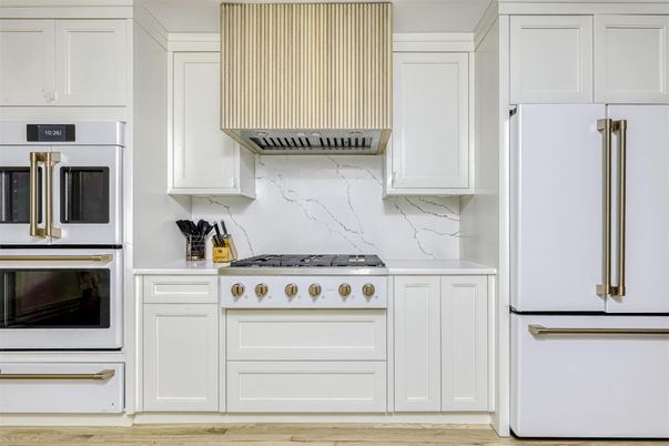 Interior, Kitchen, Marble Walls, Stainless Steel Appliances, Wood Texture Flooring