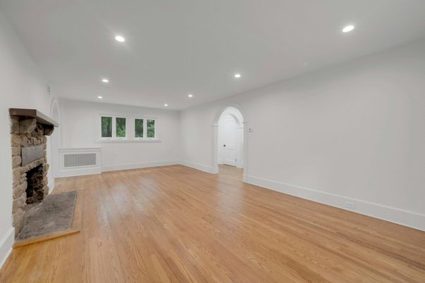 Empty room, Fireplace, Interior, Recessed Lighting, Wood Texture Flooring