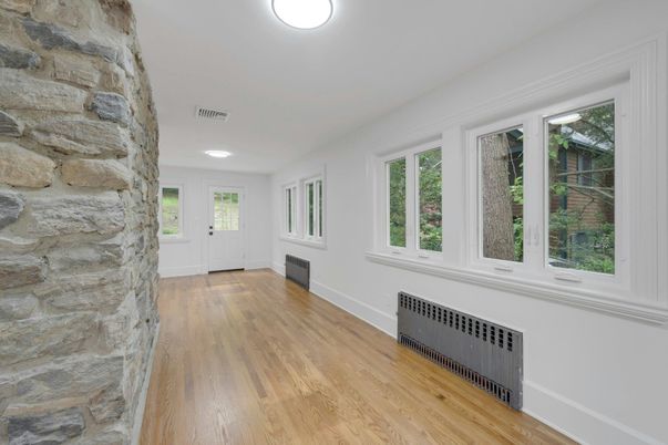 Empty room, Interior, Recessed Lighting, Stone Walls, Wood Texture Flooring