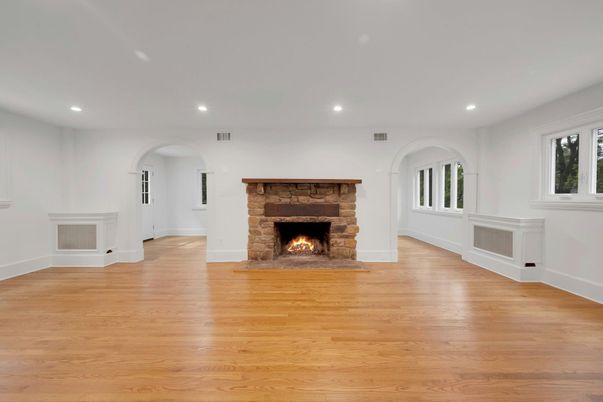 Empty room, Fireplace, Interior, Recessed Lighting, Wood Texture Flooring