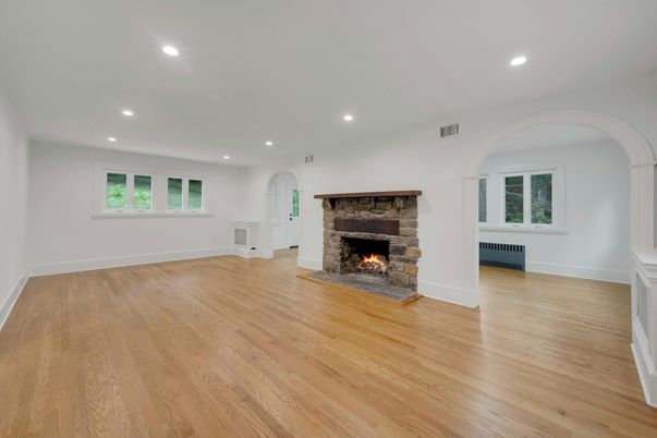 Empty room, Fireplace, Interior, Recessed Lighting, Wood Texture Flooring