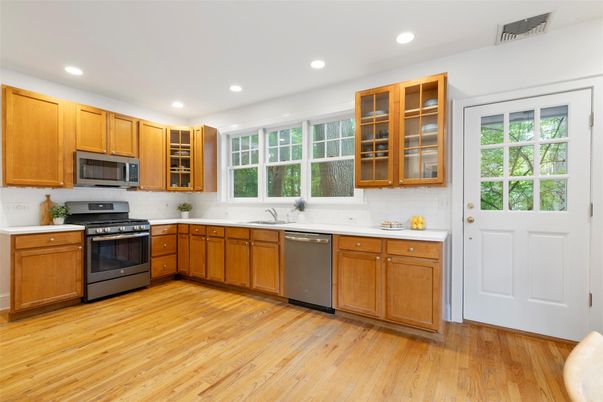 Interior, Kitchen, Recessed Lighting, Stainless Steel Appliances, Wood Texture Flooring