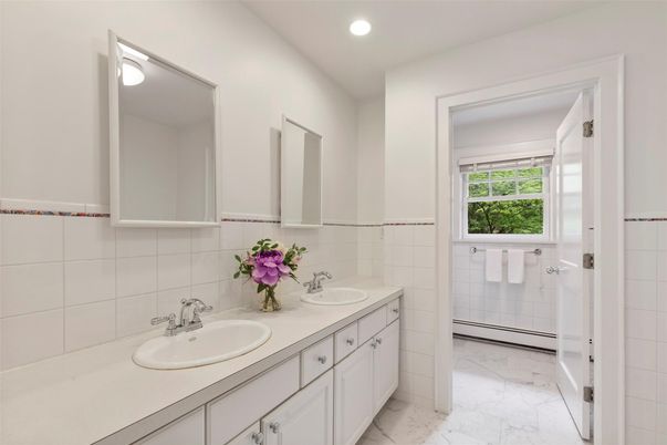 Bathroom, Dual Sink Vanities, Interior, Marble, Recessed Lighting