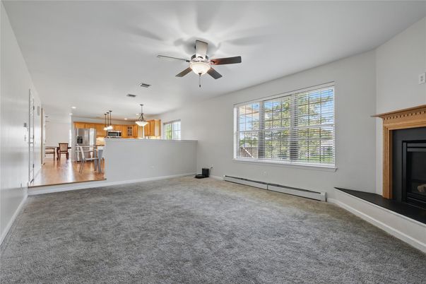 Empty room, Fireplace, Interior, Kitchen, Pendant Lights, Recessed Lighting
