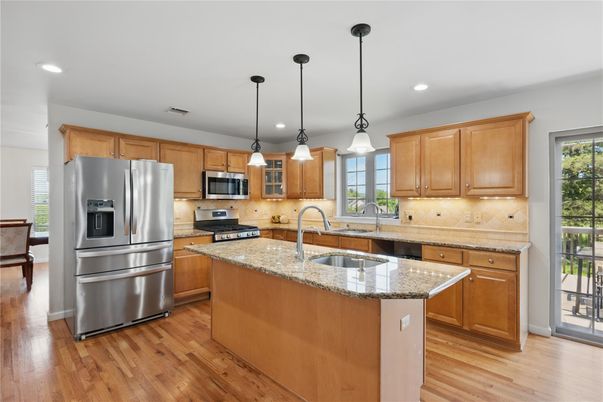 Interior, Kitchen, Pendant Lights, Recessed Lighting, Stainless Steel Appliances, Wood Texture Flooring
