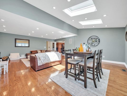 Bedroom, Dining room, Interior, Recessed Lighting, Wood Texture Flooring