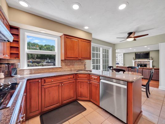 Dining room, Fireplace, Interior, Kitchen, Recessed Lighting, Stainless Steel Appliances