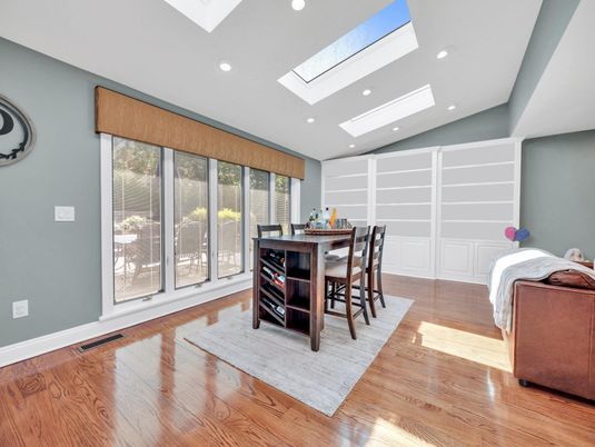 Dining room, Interior, Recessed Lighting, Wood Texture Flooring