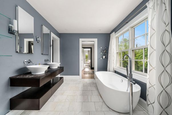 Bathroom, Dual Sink Vanities, Free Standing Baths, Interior, Marble