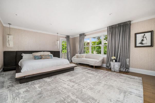 Bedroom, Interior, Pendant Lights, Recessed Lighting, Wood Texture Flooring
