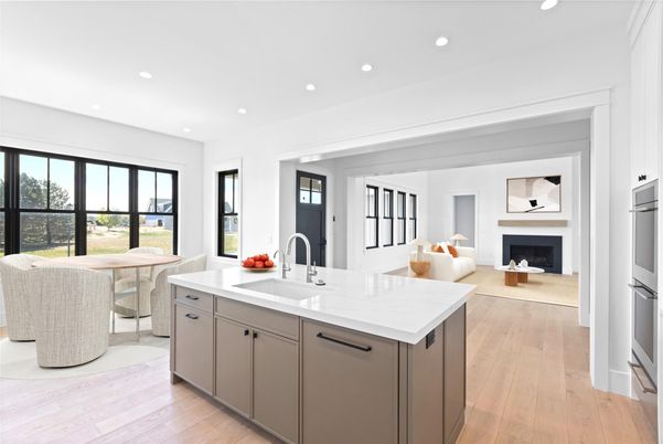 Dining room, Fireplace, Interior, Kitchen, Recessed Lighting, Wood Texture Flooring