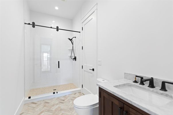 Bathroom, Glass Shower, Interior, Recessed Lighting, Wood Texture Flooring