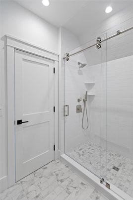 Bathroom, Glass Shower, Interior, Marble, Recessed Lighting