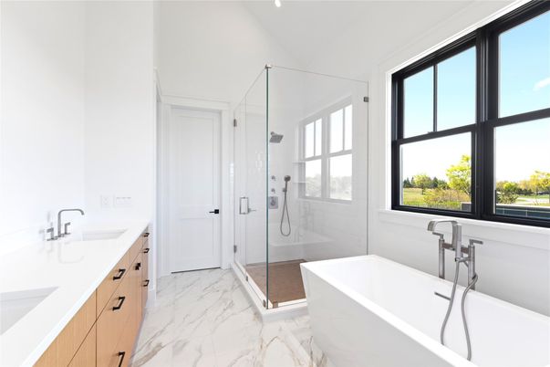 Bathroom, Dual Sink Vanities, Free Standing Baths, Glass Shower, Interior, Marble, Recessed Lighting