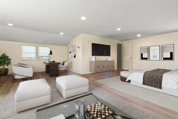 Bedroom, Interior, Recessed Lighting, Wood Texture Flooring