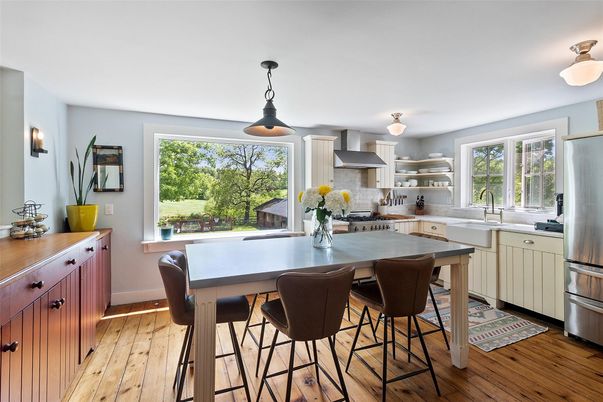 Dining room, Interior, Kitchen, Pendant Lights, Stainless Steel Appliances, Wood Texture Flooring