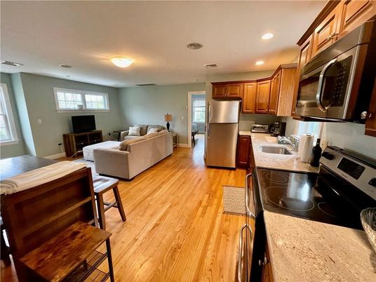 Interior, Kitchen, Living room, Recessed Lighting, Stainless Steel Appliances, Wood Texture Flooring