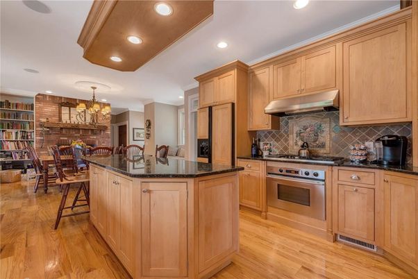Chandelier, Dining room, Interior, Kitchen, Recessed Lighting, Stone Walls, Wood Texture Flooring