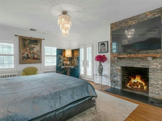 Bedroom, Chandelier, Fireplace, Interior, Wood Texture Flooring