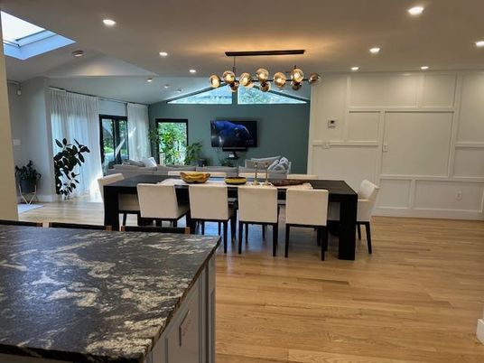 Dining room, Interior, Pendant Lights, Recessed Lighting, Wood Texture Flooring