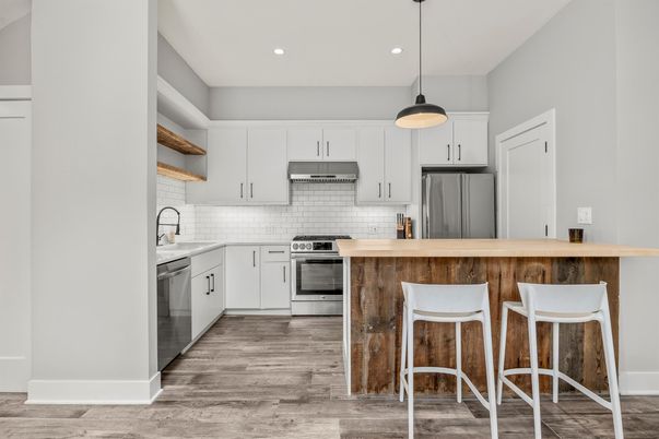 Interior, Kitchen, Pendant Lights, Recessed Lighting, Stainless Steel Appliances, Wood Texture Flooring
