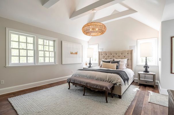 Bedroom, Chandelier, Interior, Pendant Lights, Wood Texture Flooring