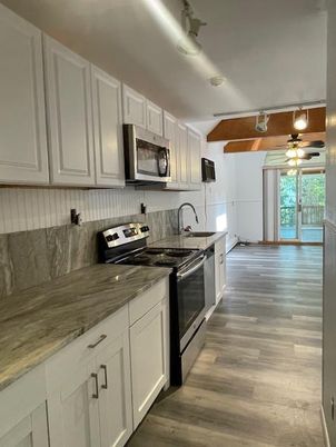 Interior, Kitchen, Stainless Steel Appliances, Wooden Beams, Wood Texture Flooring