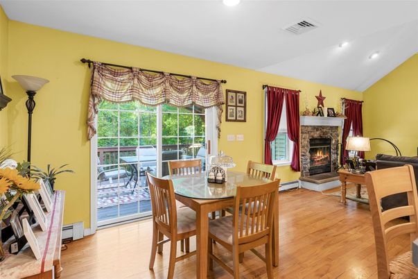 Dining room, Fireplace, Interior, Recessed Lighting, Wood Texture Flooring