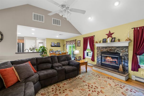 Fireplace, Interior, Kitchen, Living room, Recessed Lighting, Wood Texture Flooring