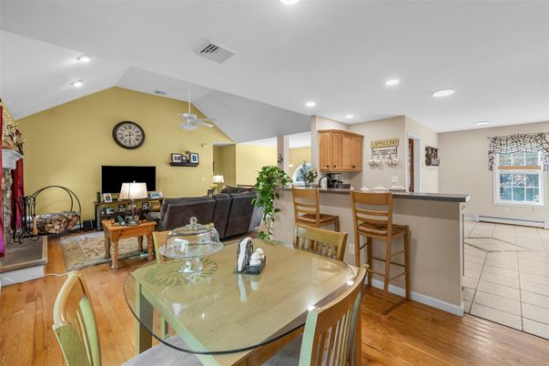 Dining room, Interior, Kitchen, Living room, Recessed Lighting, Wood Texture Flooring