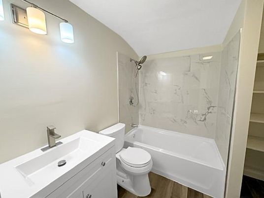 Bathroom, Interior, Marble Walls, Wood Texture Flooring