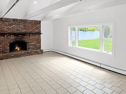 Empty room, Fireplace, Interior, Recessed Lighting, Stone Walls