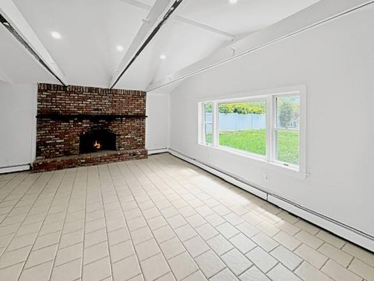 Empty room, Fireplace, Interior, Recessed Lighting, Stone Walls