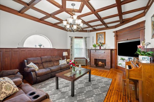Chandelier, Fireplace, Interior, Living room, Wooden Beams, Wood Texture Flooring
