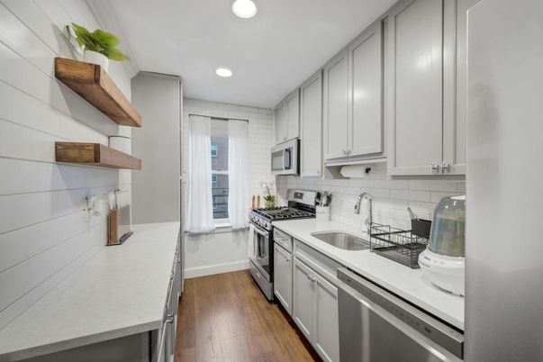Interior, Kitchen, Recessed Lighting, Stainless Steel Appliances, Wood Texture Flooring