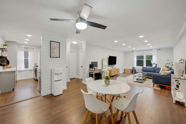 Dining room, Interior, Kitchen, Living room, Recessed Lighting, Wood Texture Flooring
