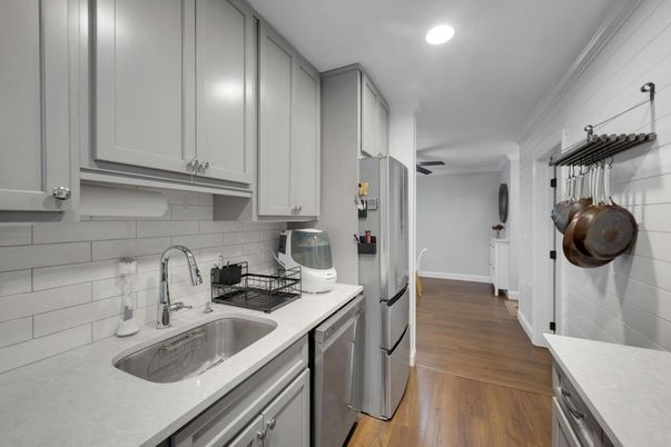 Interior, Kitchen, Recessed Lighting, Stainless Steel Appliances, Wood Texture Flooring