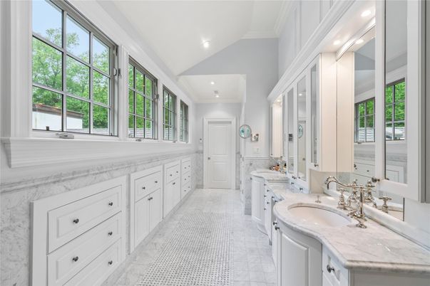 Bathroom, Dual Sink Vanities, Interior, Marble, Recessed Lighting