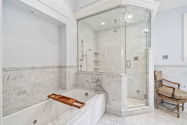 Bathroom, Glass Shower, Interior, Marble, Marble Walls, Recessed Lighting