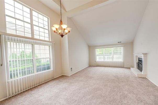 Chandelier, Empty room, Fireplace, Interior