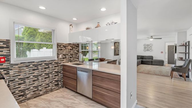 Dining room, Interior, Kitchen, Recessed Lighting, Stainless Steel Appliances, Wood Texture Flooring