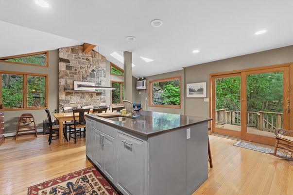 Dining room, Interior, Kitchen, Recessed Lighting, Stone Walls, Wood Texture Flooring