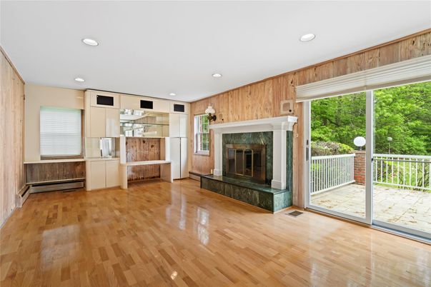 Fireplace, Interior, Recessed Lighting, Wood Texture Flooring, Wooden Walls