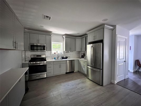 Interior, Kitchen, Stainless Steel Appliances, Wood Texture Flooring