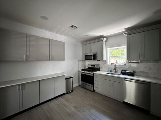 Interior, Kitchen, Recessed Lighting, Stainless Steel Appliances, Wood Texture Flooring