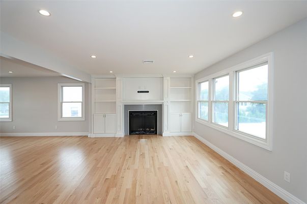 Empty room, Fireplace, Interior, Recessed Lighting, Wood Texture Flooring