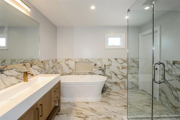 Bathroom, Free Standing Baths, Glass Shower, Interior, Marble, Marble Walls, Recessed Lighting