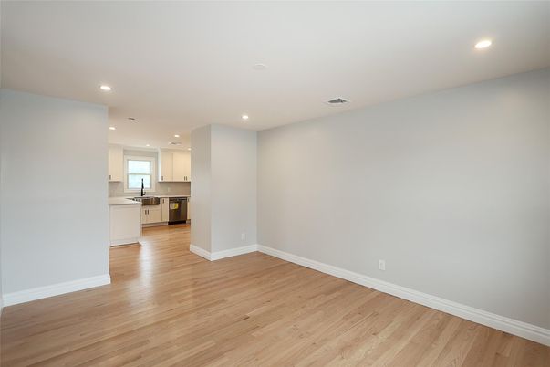 Empty room, Interior, Kitchen, Recessed Lighting, Wood Texture Flooring
