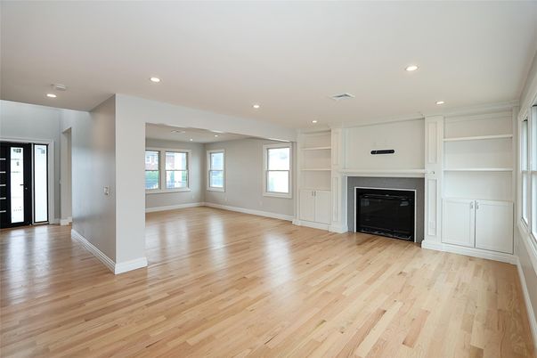 Empty room, Fireplace, Interior, Recessed Lighting, Wood Texture Flooring